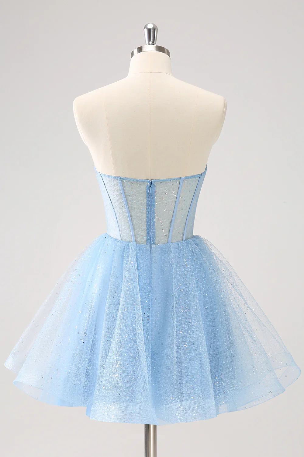 omberprom A Line Sparkly Sky Blue Homecoming Dress Sweetheart Corset with Sequins