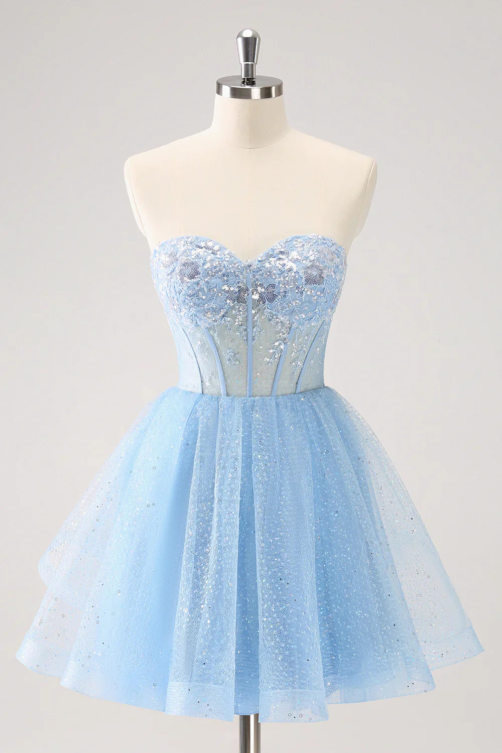 omberprom A Line Sparkly Sky Blue Homecoming Dress Sweetheart Corset with Sequins