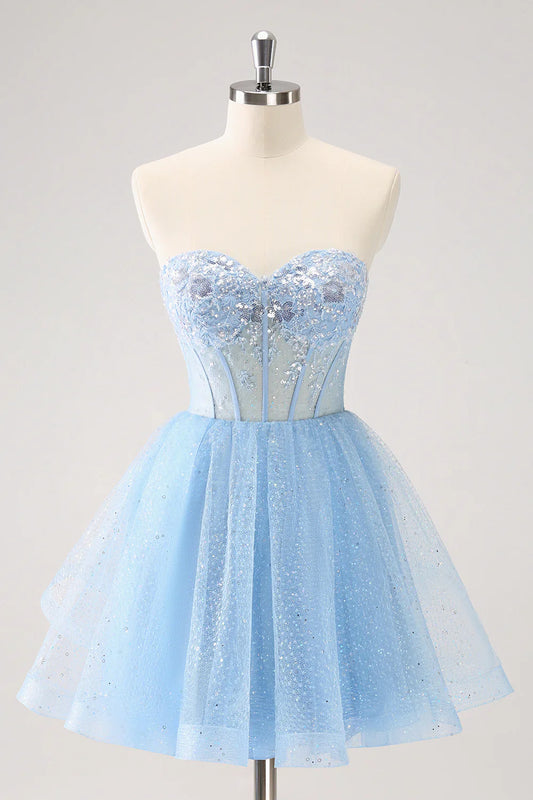 omberprom A Line Sparkly Sky Blue Homecoming Dress Sweetheart Corset with Sequins
