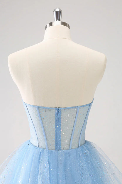 omberprom A Line Sparkly Sky Blue Homecoming Dress Sweetheart Corset with Sequins