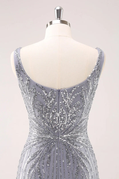omberprom Homecoming Dress Sparkly Neck Short Grey Square Tight with Sequins