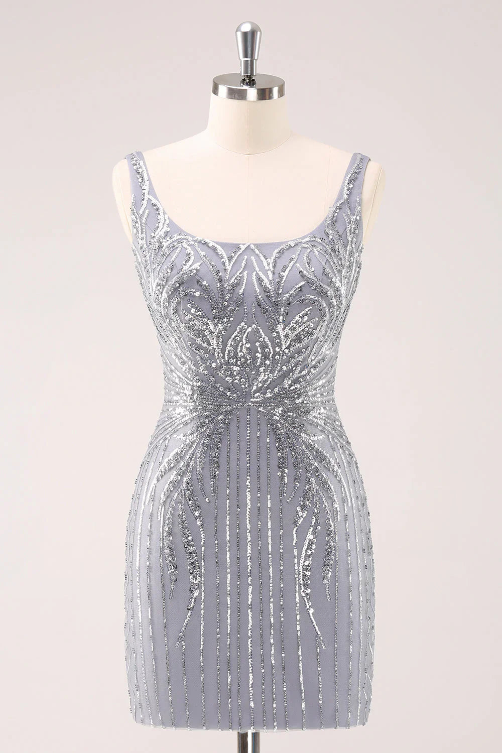 omberprom Homecoming Dress Sparkly Neck Short Grey Square Tight with Sequins
