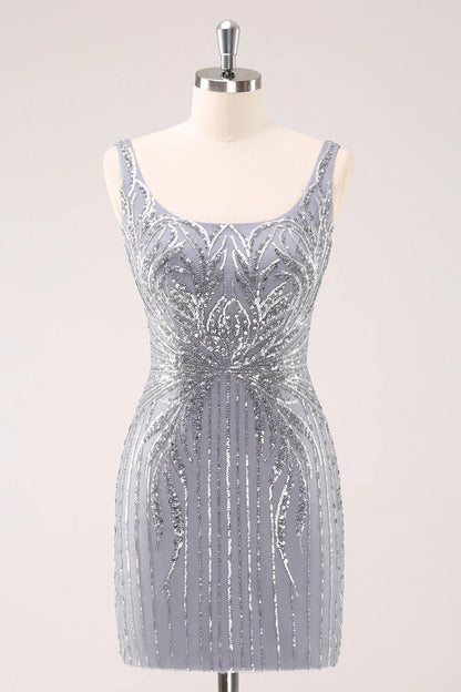 omberprom Homecoming Dress Sparkly Neck Short Grey Square Tight with Sequins