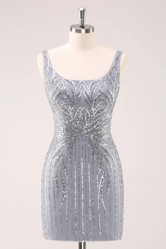 omberprom Homecoming Dress Sparkly Neck Short Grey Square Tight with Sequins