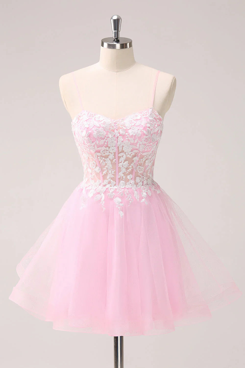 omberprom A Line Homecoming Dress Pink Graduation Dresses Spaghetti Straps Tulle Corset with Appliques
