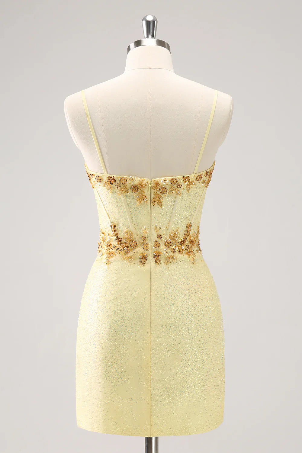 omberprom Short Homecoming Dress Sparkly Yellow Bodycon Corset with Beading