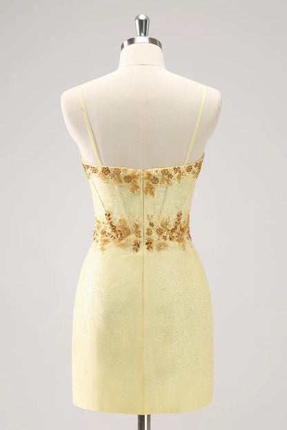 omberprom Short Homecoming Dress Sparkly Yellow Bodycon Corset with Beading