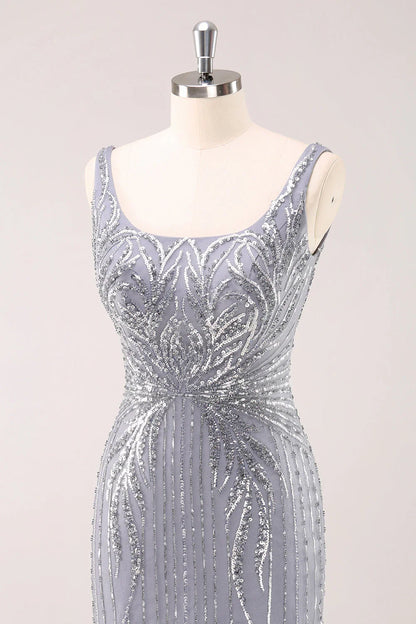 omberprom Homecoming Dress Sparkly Neck Short Grey Square Tight with Sequins