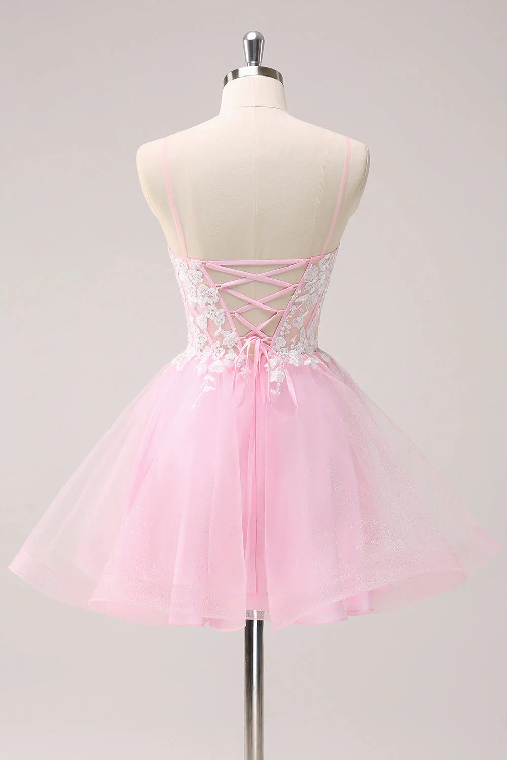 omberprom A Line Homecoming Dress Pink Graduation Dresses Spaghetti Straps Tulle Corset with Appliques