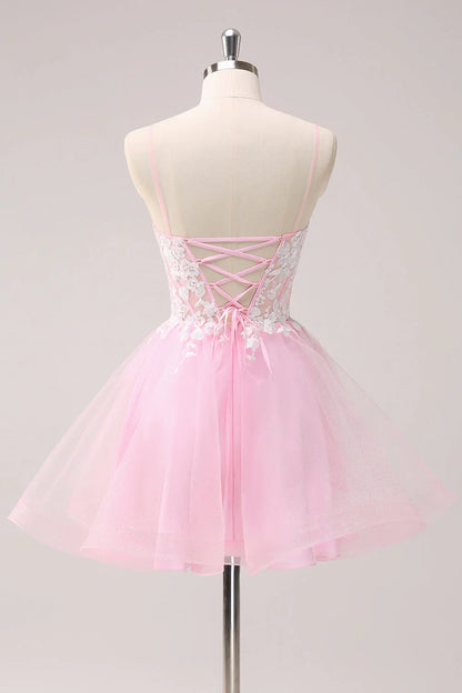 omberprom A Line Homecoming Dress Pink Graduation Dresses Spaghetti Straps Tulle Corset with Appliques