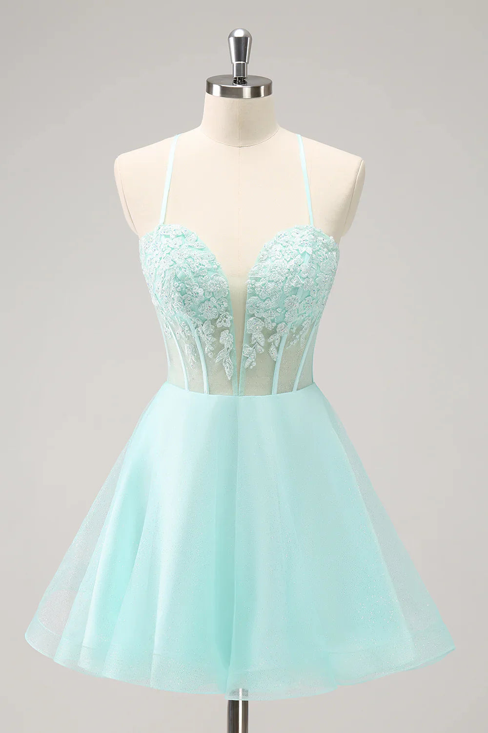 omberprom Sparkly A Line Homecoming Dress Corset Sequin Short Green Graduation Dresses with Appliques
