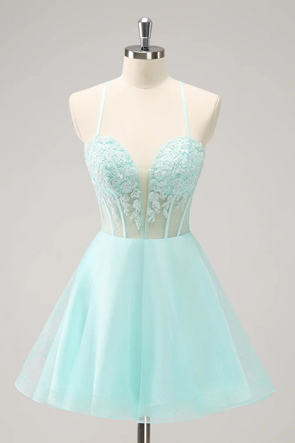 omberprom Sparkly A Line Homecoming Dress Corset Sequin Short Green Graduation Dresses with Appliques