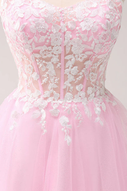 omberprom A Line Homecoming Dress Pink Graduation Dresses Spaghetti Straps Tulle Corset with Appliques