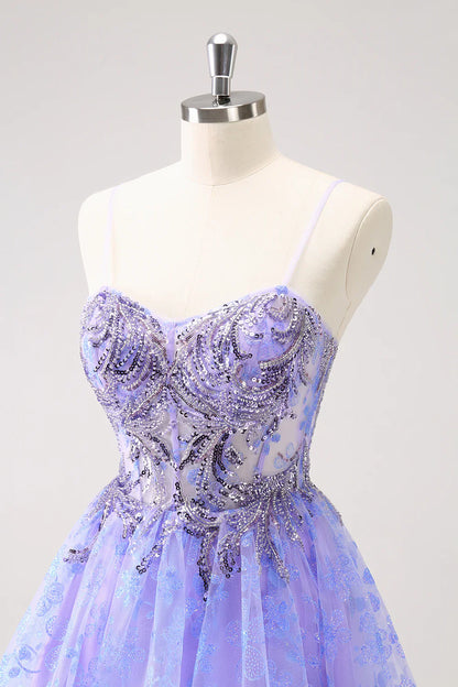 omberprom Short Homecoming Dress Sparkly Lilac A Line Corset Floral with Sequins Graduation Dresses