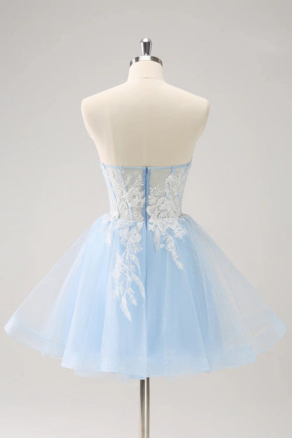 omberprom A Line Graduation Dresses Blue Homecoming Dress with Appliques Charming Evening Party Dress
