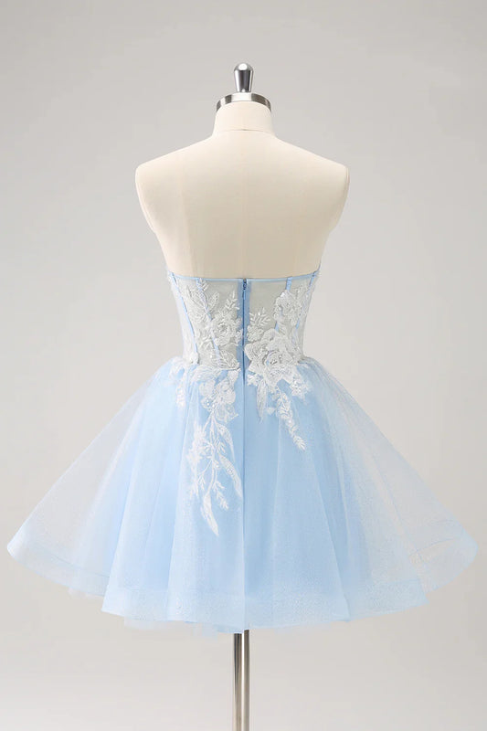 omberprom A Line Graduation Dresses Blue Homecoming Dress with Appliques Charming Evening Party Dress