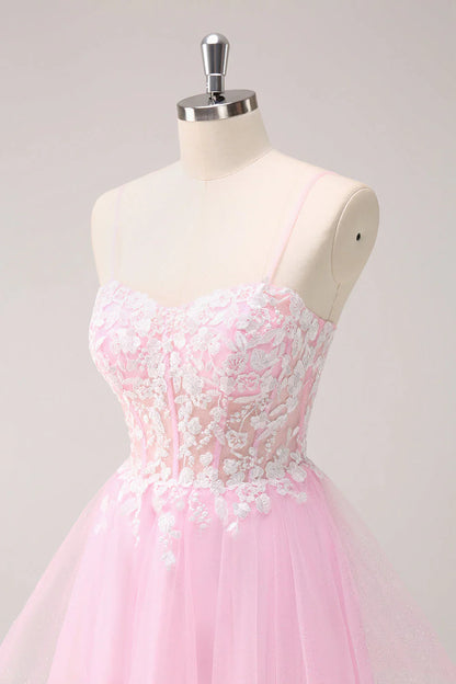 omberprom A Line Homecoming Dress Pink Graduation Dresses Spaghetti Straps Tulle Corset with Appliques