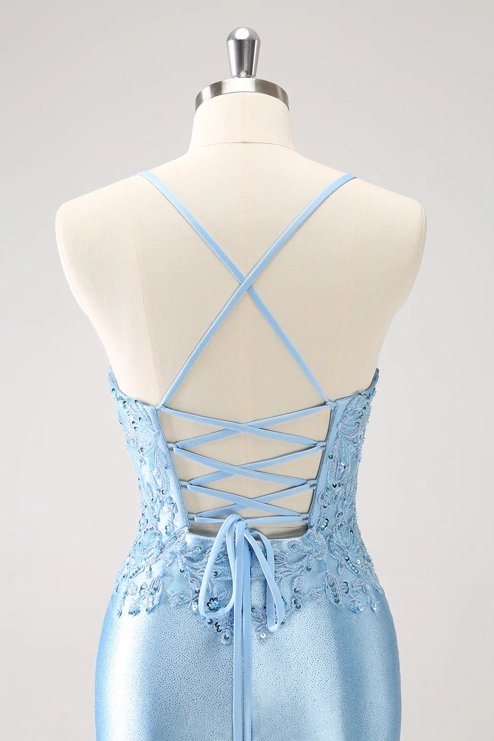 omberprom Short Homecoming Dress Blue Bodycon Lace Up Back Sequin with Appliques