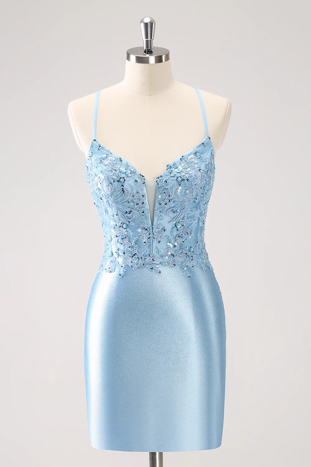 omberprom Short Homecoming Dress Blue Bodycon Lace Up Back Sequin with Appliques