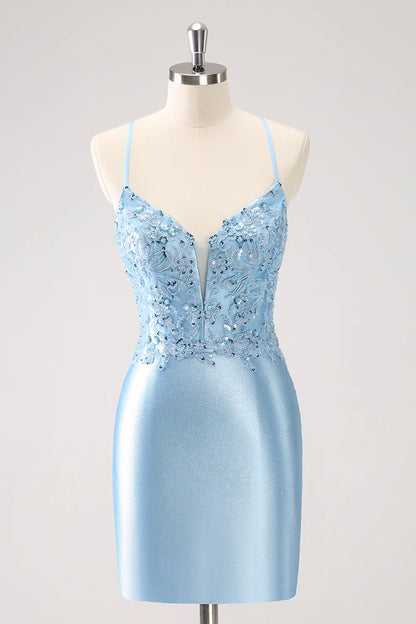 omberprom Short Homecoming Dress Blue Bodycon Lace Up Back Sequin with Appliques