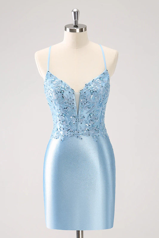 omberprom Short Homecoming Dress Blue Bodycon Lace Up Back Sequin with Appliques