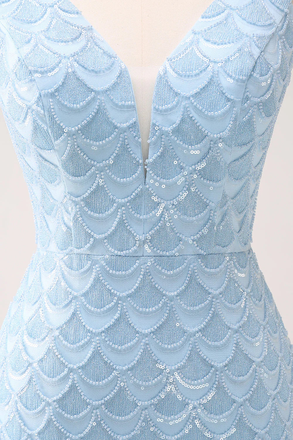 omberprom Homecoming Dress Sparkly Blue V-Neck Sequins Tight Fish Scale with Lace Up Back