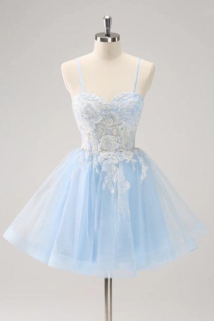 omberprom A Line Graduation Dresses Blue Homecoming Dress with Appliques Charming Evening Party Dress