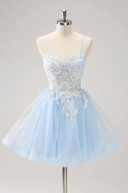 omberprom A Line Graduation Dresses Blue Homecoming Dress with Appliques Charming Evening Party Dress