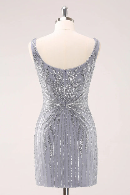 omberprom Homecoming Dress Sparkly Neck Short Grey Square Tight with Sequins