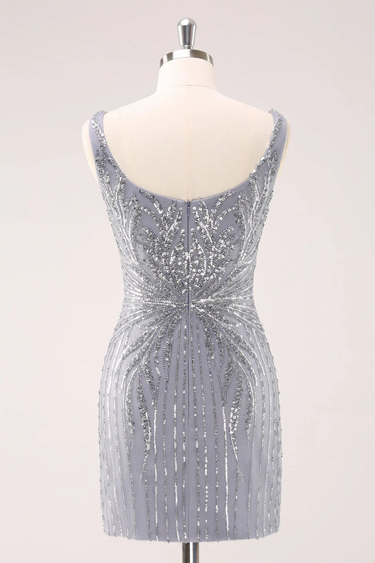 omberprom Homecoming Dress Sparkly Neck Short Grey Square Tight with Sequins