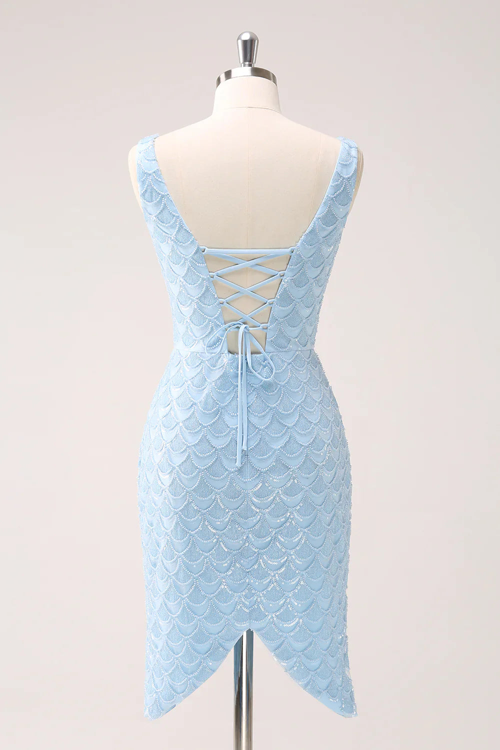 omberprom Homecoming Dress Sparkly Blue V-Neck Sequins Tight Fish Scale with Lace Up Back