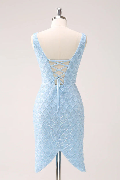omberprom Homecoming Dress Sparkly Blue V-Neck Sequins Tight Fish Scale with Lace Up Back