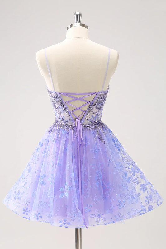 omberprom Short Homecoming Dress Sparkly Lilac A Line Corset Floral with Sequins Graduation Dresses