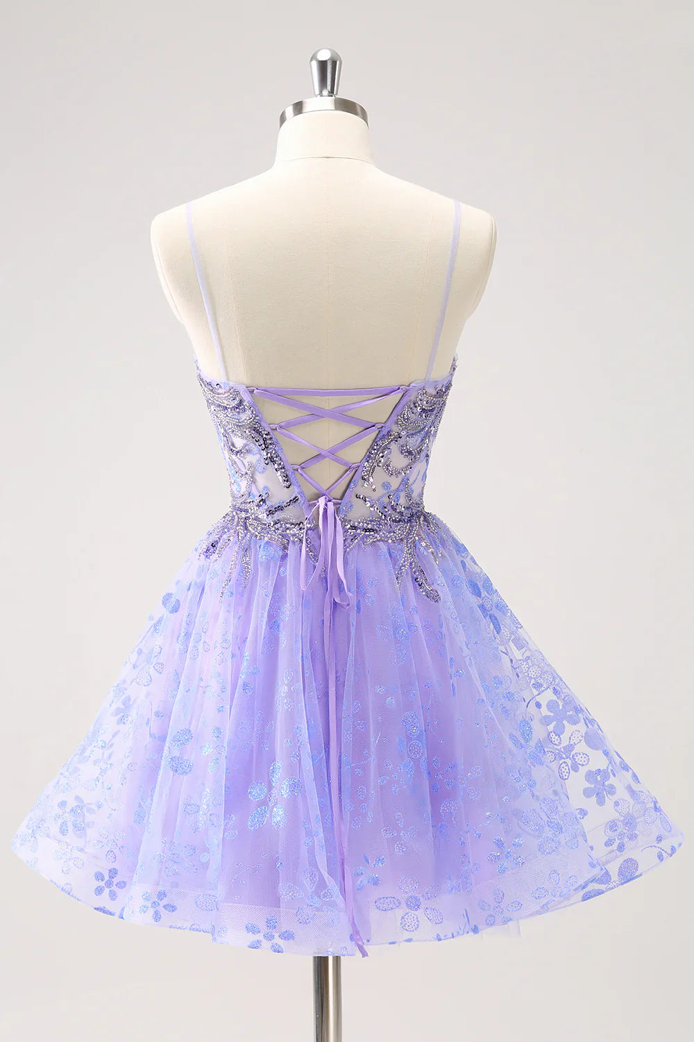 omberprom Short Homecoming Dress Sparkly Lilac A Line Corset Floral with Sequins Graduation Dresses