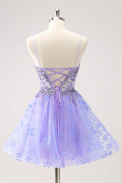 omberprom Short Homecoming Dress Sparkly Lilac A Line Corset Floral with Sequins Graduation Dresses