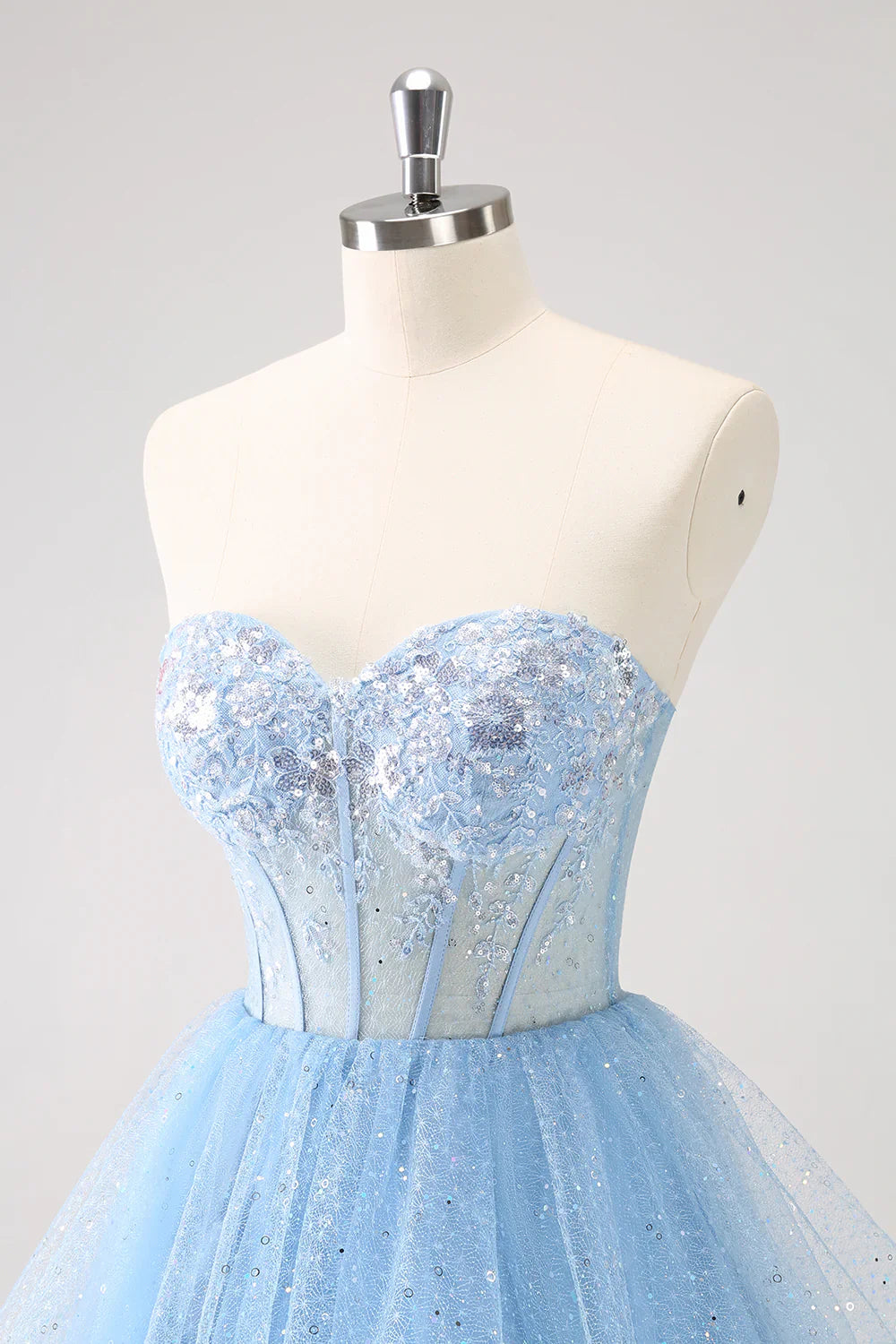 omberprom A Line Sparkly Sky Blue Homecoming Dress Sweetheart Corset with Sequins