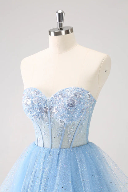 omberprom A Line Sparkly Sky Blue Homecoming Dress Sweetheart Corset with Sequins