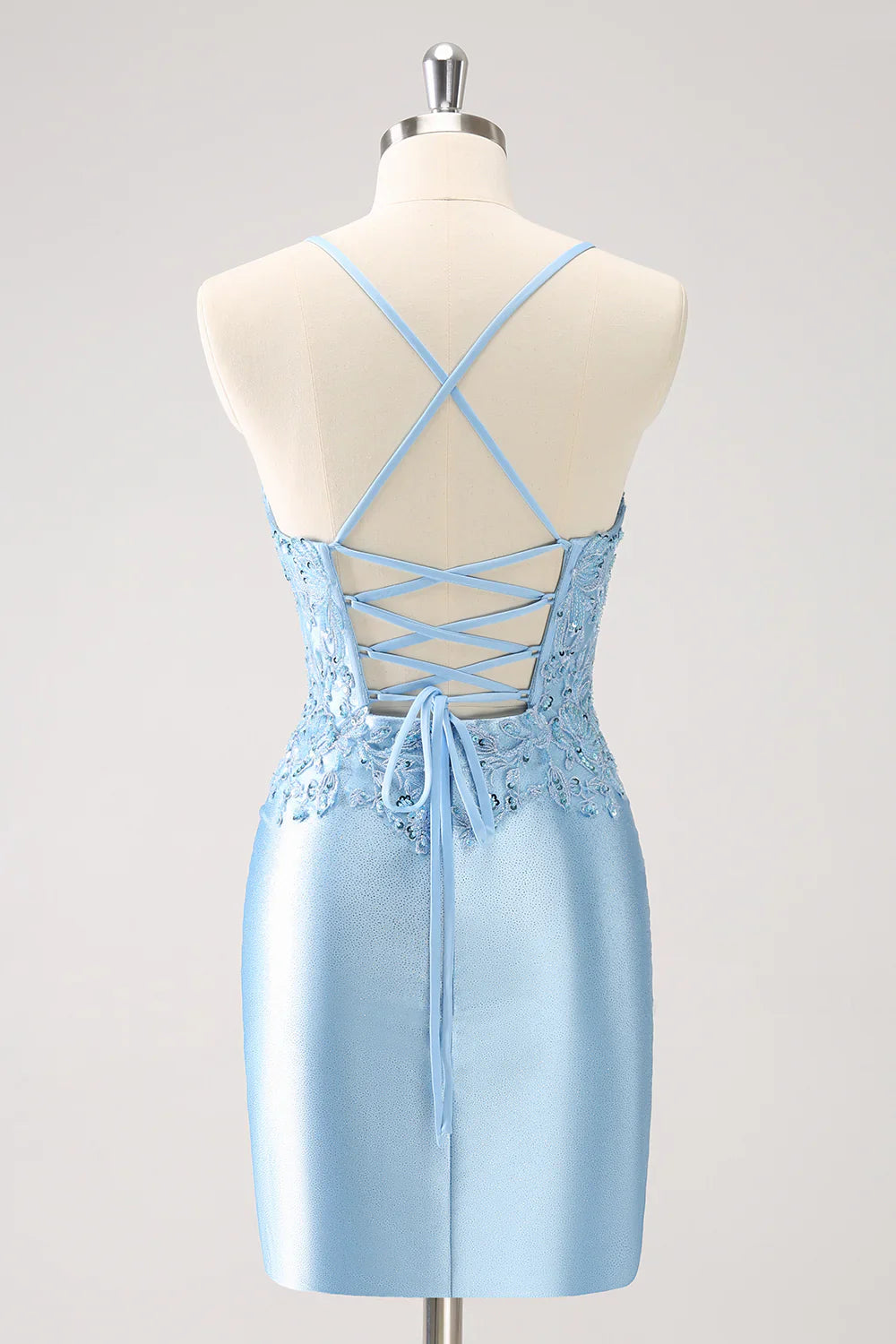 omberprom Short Homecoming Dress Blue Bodycon Lace Up Back Sequin with Appliques