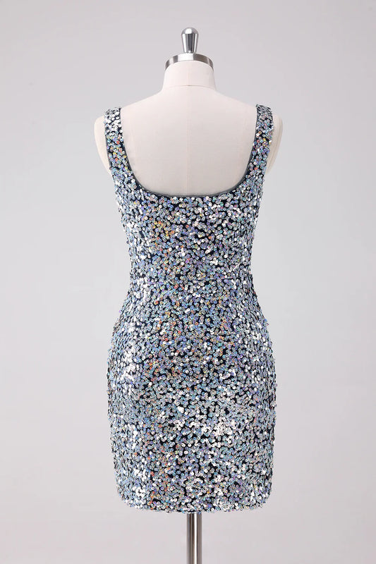 omberprom Fashionable and Beautiful Homecoming Dress Sparkly Silver Square Neck Graduation Dresses