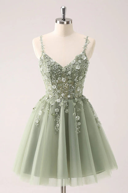omberprom A Line Spaghetti Straps Homecoming Dress Blue Tulle Short Prom Dress with Appliques