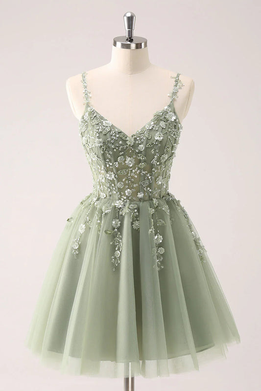omberprom A Line Spaghetti Straps Homecoming Dress Blue Tulle Short Prom Dress with Appliques