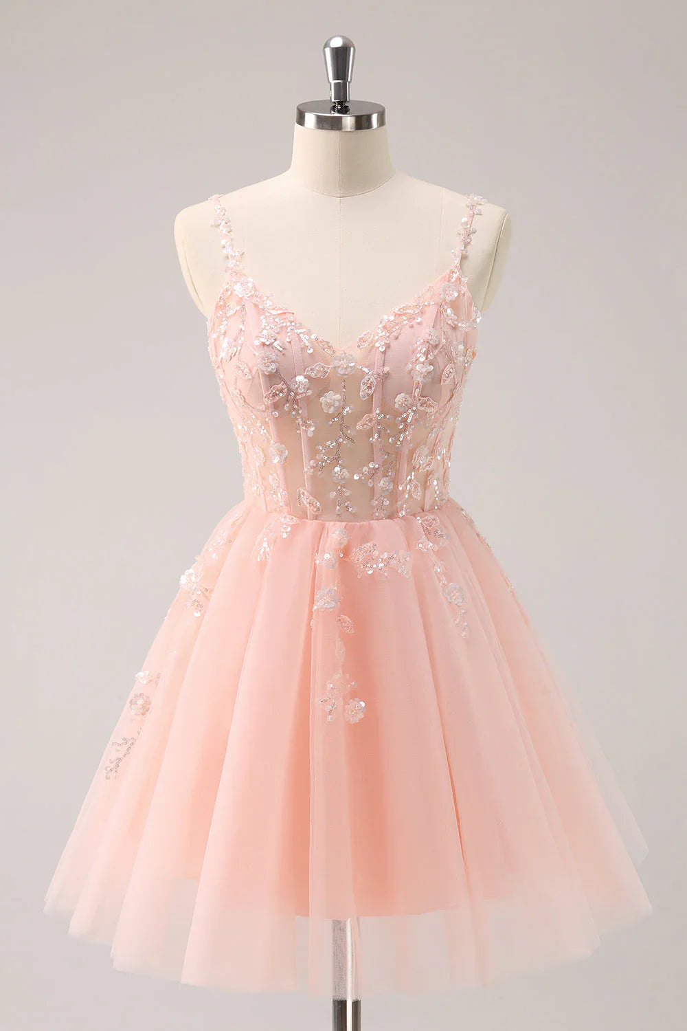 omberprom A Line Spaghetti Straps Homecoming Dress Blue Tulle Short Prom Dress with Appliques