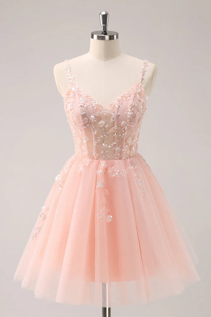 omberprom A Line Spaghetti Straps Homecoming Dress Blue Tulle Short Prom Dress with Appliques