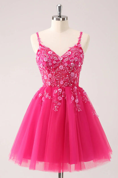 omberprom A Line Spaghetti Straps Homecoming Dress Blue Tulle Short Prom Dress with Appliques