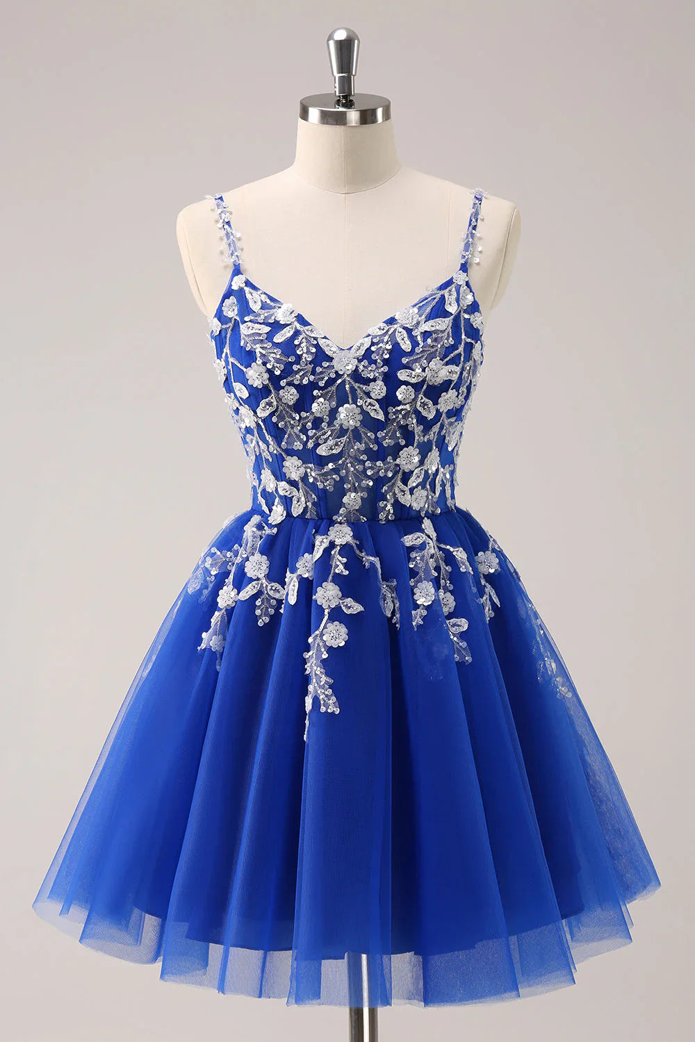 omberprom A Line Spaghetti Straps Homecoming Dress Blue Tulle Short Prom Dress with Appliques