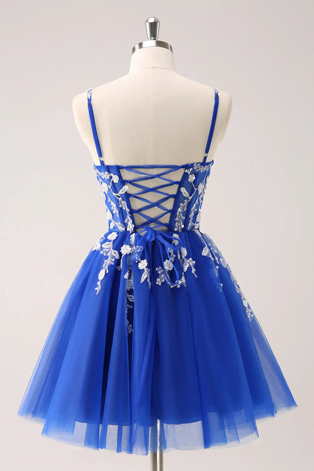 omberprom A Line Spaghetti Straps Homecoming Dress Blue Tulle Short Prom Dress with Appliques