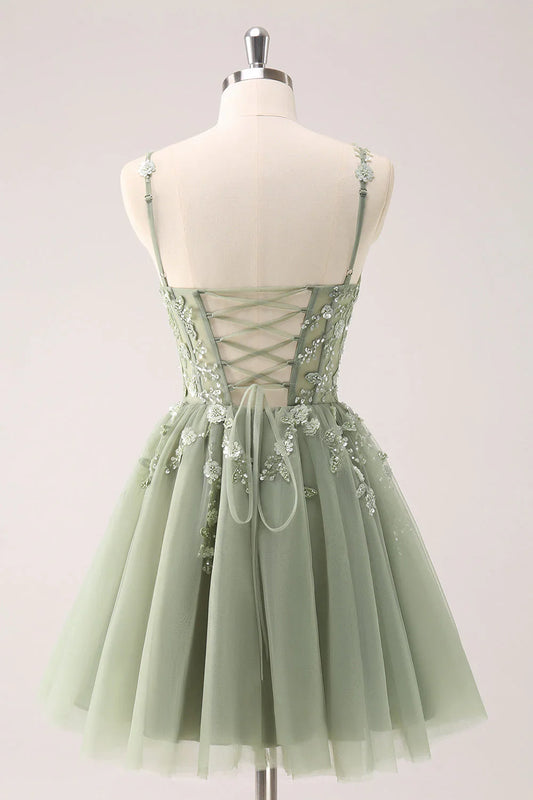 omberprom A Line Spaghetti Straps Homecoming Dress Blue Tulle Short Prom Dress with Appliques