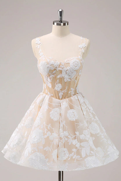 omberprom Short Homecoming Dress Sparkly A-Line Floral Corset with Sequins
