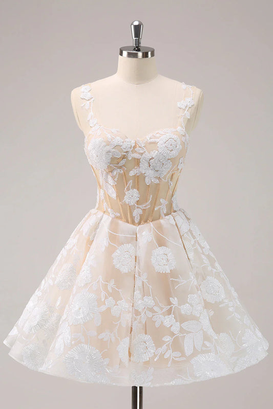 omberprom Short Homecoming Dress Sparkly A-Line Floral Corset with Sequins