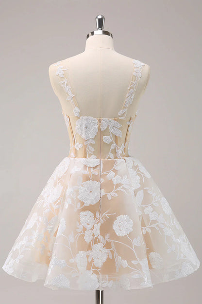 omberprom Short Homecoming Dress Sparkly A-Line Floral Corset with Sequins